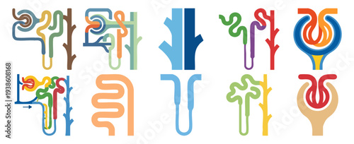  NEPHRON UNIT - Microscopic view of a kidney filtering tube  Flat Vector Illustration on Transparent Background