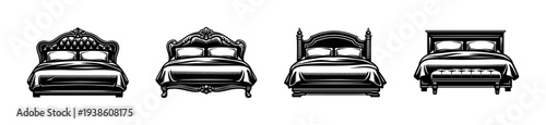 Elegant luxury bed designs in black and white vector silhouette set