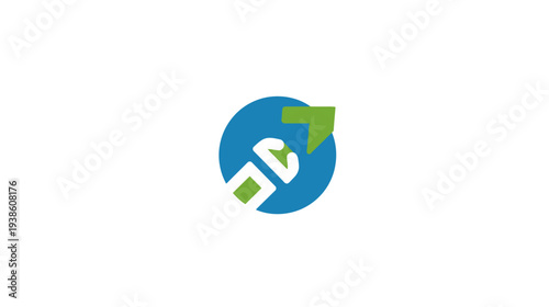 A graphical abstract, a blue circle with a stylized design and green arrow