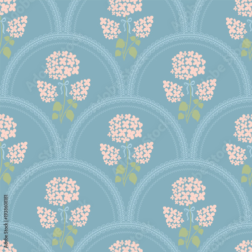 Blue floral scallop trellis seamless pattern. Vintage arched flowers, grand millennial repeat background, retro print, botanical garden wallpaper with pink hydrangea, textile, vector surface design.