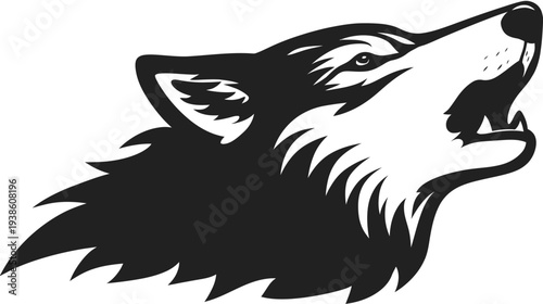 Stylized black and white howling wolf head illustration, powerful wild animal vector graphic, strong wildlife mascot