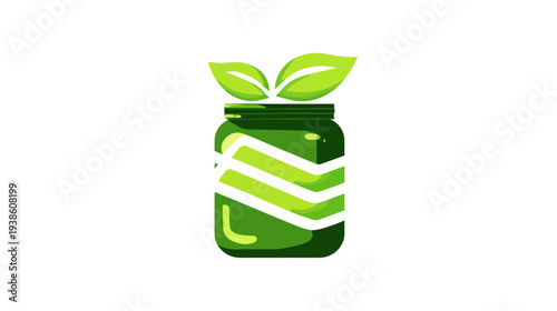 Sustainable green jar with fresh plant leaves. Organic, natural, and eco-friendly product packaging illustration, symbol, or icon design.