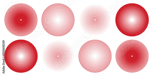 Red concentric ripple circles set. Sonar or sound wave rings collection. Epicentre, target, radar icon concept. Radial signal or vibration elements. Halftone vector illustration