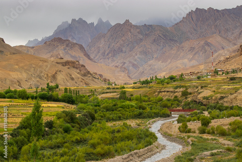 Himalayan river passing through Fotu La, high mountain pass on the Srinagar-Leh highway in Ladakh, India. It is the highest point on this highway, located within the Zanskar Range.