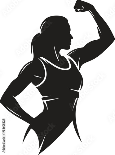 A striking black silhouette depicts a strong woman flexing her bicep showcasing physical fitness and power