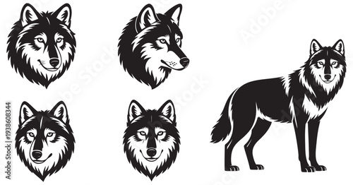 Wolf Logo Set, wild animal head illustrations and full body silhouettes, isolated on white background, vector design collection for branding