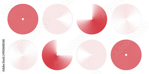 Red concentric ripple circles set. Sonar or sound wave rings collection. Epicentre, target, radar icon concept. Radial signal or vibration elements. Halftone vector illustration