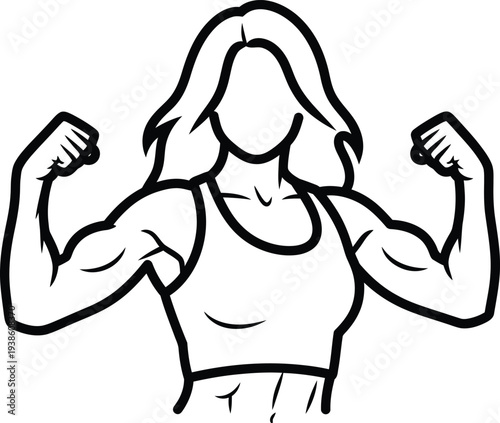 A black and white line art illustration of a strong woman flexing her bicep muscles