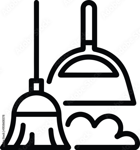 Cleaning tools icon with broom and dustpan, symbolizing housekeeping, sanitation, janitorial services, cleanliness, hygiene, maintenance, domestic chores, sweeping, tidying
