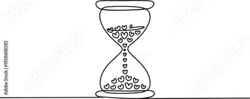 Hourglass. Countdown time. The glass flask is filled with sand in the shape of hearts. Love clock. Sketch. Love time. one line art icon drawing vector
