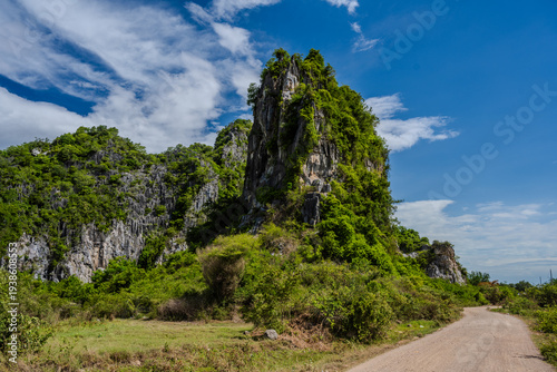 Slika na platnu Dirt road beside lush limestone karst cliffs under blue sky
