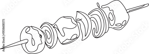 Shashlik. Chicken meat on a wooden skewer. Sketch. Vector illustration. Pieces of meat and onions are prepared for grilling on the grill. one line art icon drawing vector