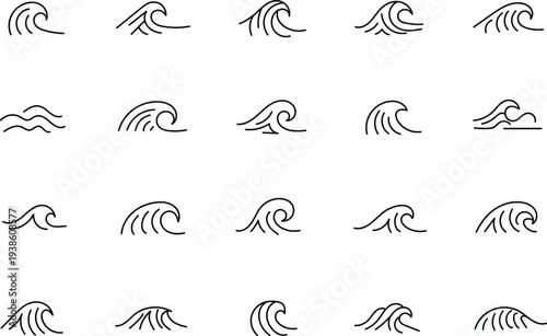 Set of ocean wave icons in simple black line art style vector summer sea
