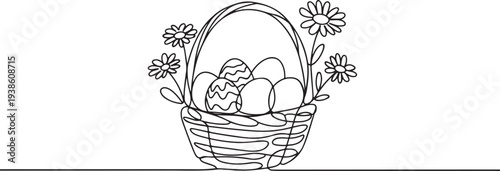 Easter basket with eggs. Chamomile design. one line art icon drawing vector