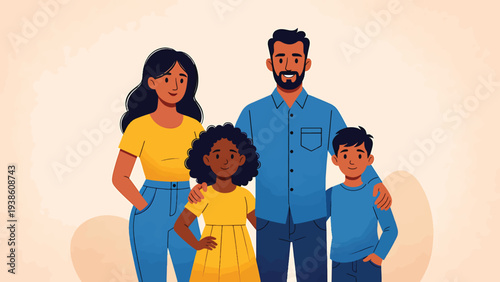 Diverse family portrait featuring a mother, father, daughter, and son standing together against a soft, abstract background.
