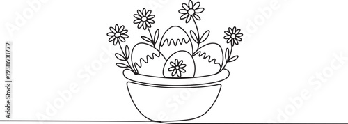 Easter basket with eggs. Chamomile design. one line art icon drawing vector