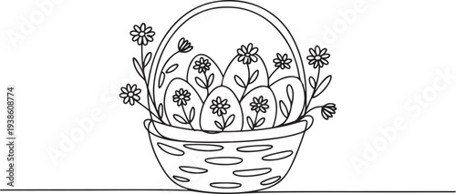 Easter basket with eggs. Chamomile design. one line art icon drawing vector