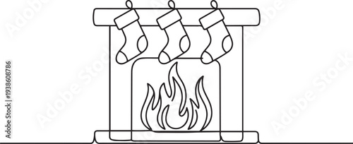 A fire is burning in the fireplace. Stockings for gifts are hung. one line art icon drawing vector
