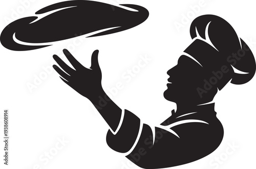Hand of Chef Throwing Pizza Dough in the air, black isolated silhouette. black vector