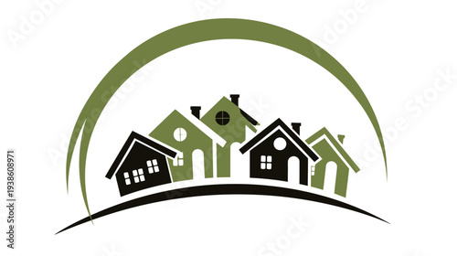 Modern Housing Community Graphic Design, Green and Black Home Silhouettes, Real Estate Development Vector Illustration