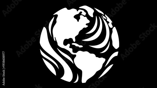Abstract stylized white globe icon with North and South America continents and wave elements on a black background