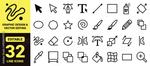 Graphic design and vector editing icon set with selection tools, pen tool, shapes, brushes, gradients, mesh, transform options, and essential design ranking symbols in clean modern line‑art style