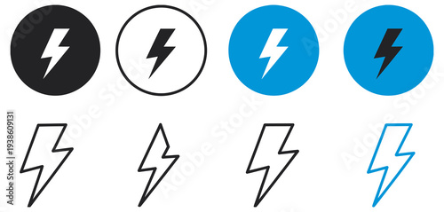 Lightning Bolt Icon Set, collection of electric energy symbols in flat and outline styles, vector illustration isolated on white background