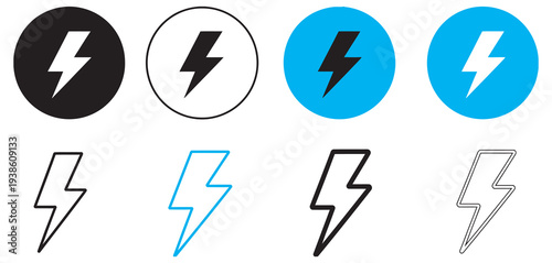 Lightning Bolt Icon Set, electric power symbols in flat and outline styles, energy flash vector illustration isolated on white background