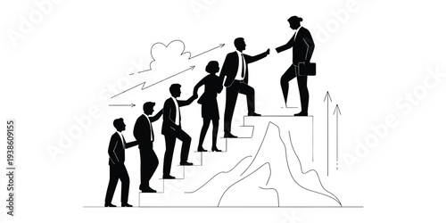 Business Team Climbing Toward Success, Teamwork Leadership Support And Corporate Growth Concept. Pure Black And White Flat Vector Illustration Showing Professionals Reaching Goals, Career Development