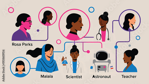 Diverse historical and contemporary female figures are connected by colorful lines illustrating influence and role models.