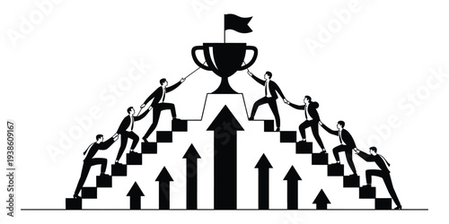 Business Team Climbing To Success, Teamwork Leadership Support And Corporate Growth Concept. Pure Black And White Flat Vector Illustration With Goal Achievement, Career Development, Partnership