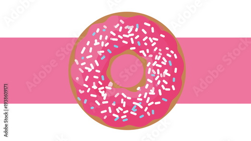 A cartoon depiction of a circular, iced pastry with sprinkles, set on a pink stripe