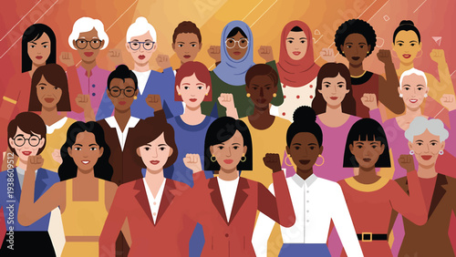 Diverse community of multicultural women standing together in solidarity and empowerment from a front viewpoint