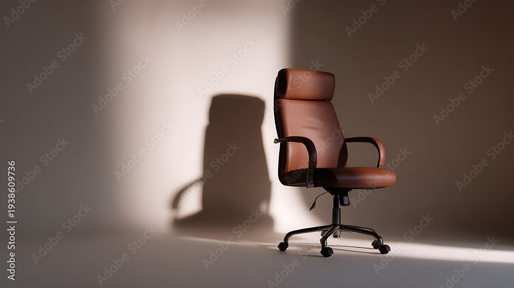 Obraz premium Modern Office Chair with Elegant Brown Leatherette and Striking Light-Play Shadow on a Neutral Background, Minimalist Interior Product Shot