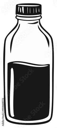 Black and white illustration of medicine bottle with liquid inside.