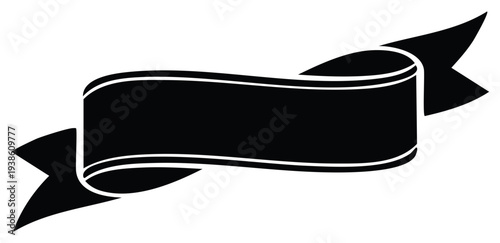 Black banner ribbon with white outlines and pointed ends, isolated on white background.