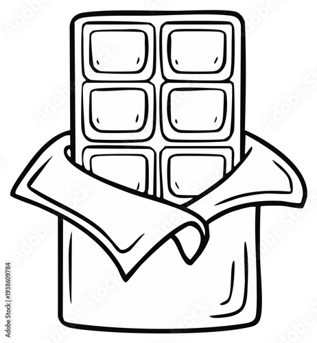Black and white illustration of chocolate bar, wrapped in wrapper