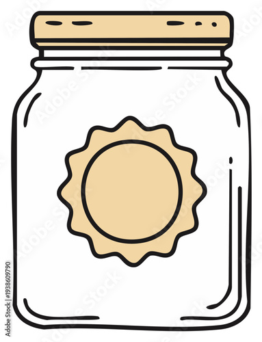 Simple illustration of a glass jar with a decorative label and screw top lid