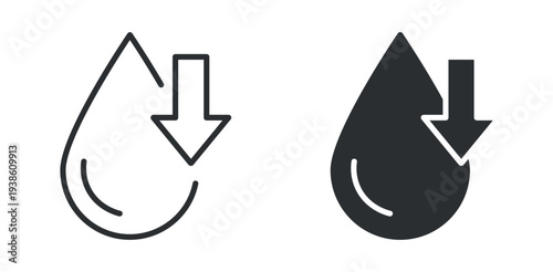 Water drop with downward arrow decrease icon in outline and solid silhouette style. Vector illustration.