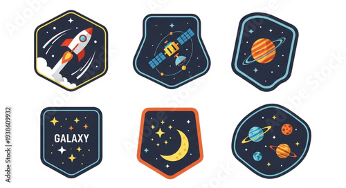 Collection of space themed embroidered patches for clothing.