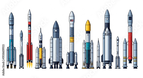 Collection of various rockets and spacecraft on white background.