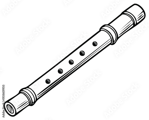 Hand Drawn Outline of a Wooden Recorder Musical Instrument With Six Finger Holes and Two Ends