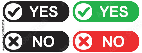 Yes And No Button Set, green check mark and red cross mark symbols, vector icons for confirmation, approval, and denial