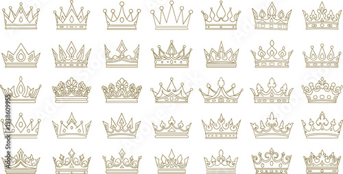 Royal crown icons, golden outlines, regal design, noble symbols, monarchy elements, luxury graphics, elegant ornaments, heraldic style, fantasy royalty, vintage emblems