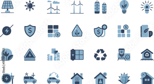 Renewable energy icons, sustainability, eco-friendly, solar panel, wind turbine, battery, recycling, electric vehicle, smart home, green technology, conservation