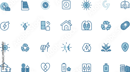 Renewable energy icons, sustainability symbols, eco-friendly technology, solar power, smart devices, recycling, battery storage, water conservation, green innovation, analytics