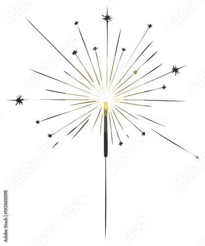 Bright sparkler bursting with light and radiating golden sparks on a white background