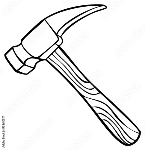 Hammer with a wooden handle isolated line art illustration for coloring book and design elements.