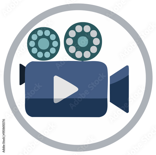 Vintage-styled video camera graphic illustration with reels and play button, for movie production and media content
