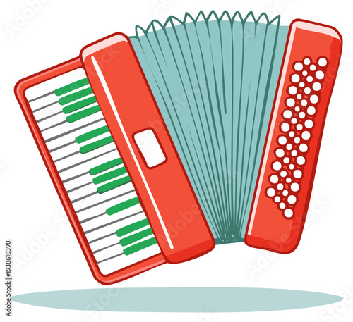 Vibrant red accordion illustration with blue bellows and green keys, musical instrument
